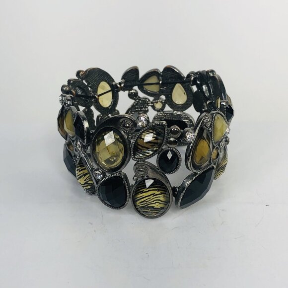 Lia Sophia Y2K Stretch Cuff Bracelet Crystals Cabochons Black Honey Gold Stones - Picture 1 of 8
